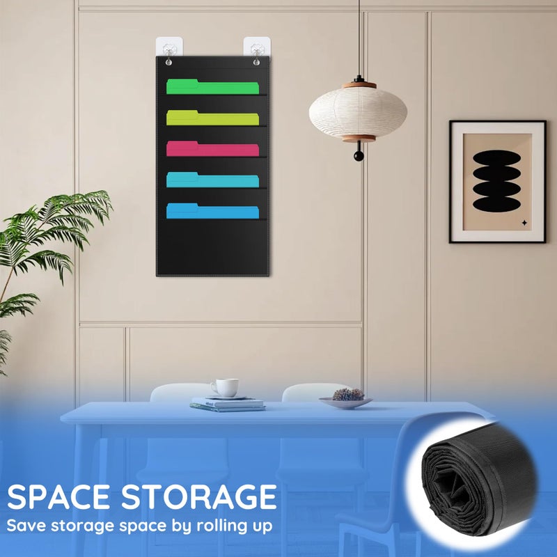 ZKOO 5 Pockets Hanging Wall File Organizer for A4 Size Paper/Legal/Letter Size Document, Sturdy Wall Mail Organizer Black Pocket Chart Great for Classroom, Office, Home Use with 2 Hangers - Image 5